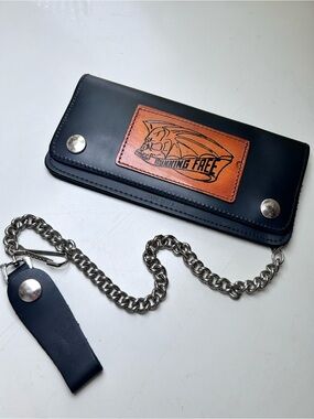 Black Leather Biker Chain Bifold Wallet Skull Graphic Running Free. Made in USA